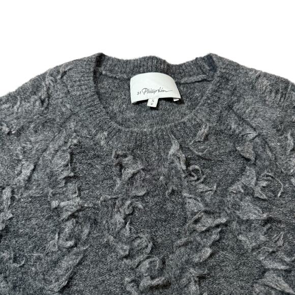 3.1 Phillip Lim Destroyed Diamond Fringe Sweater Mohair Wool Blend Gray Small - Picture 4 of 9